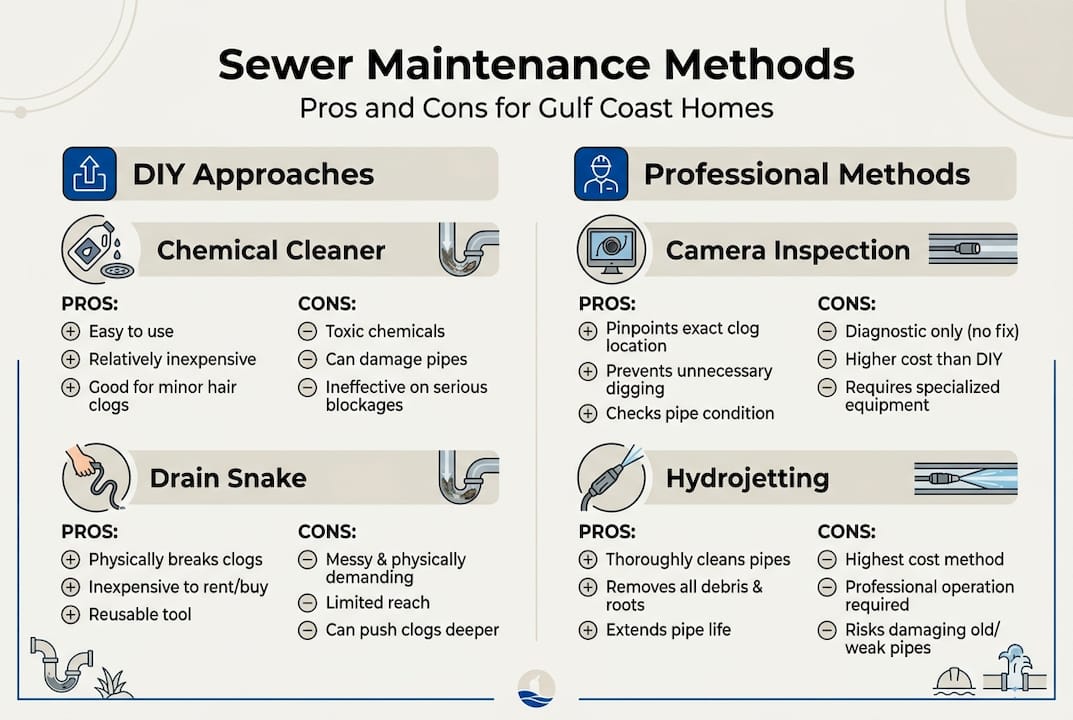 Infographic showing sewer maintenance pros and cons