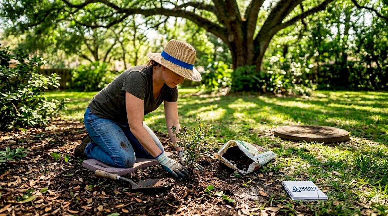 Gardener planting away from sewer line cover