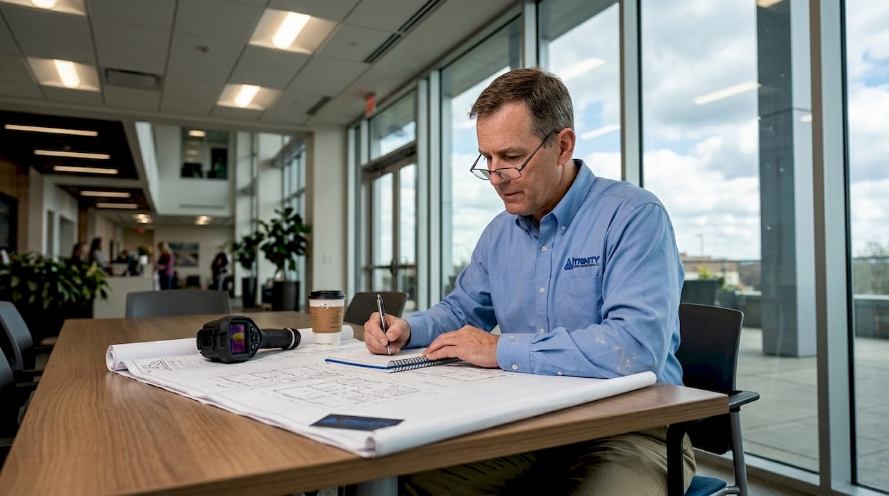 Inspector reviewing plans in building lobby