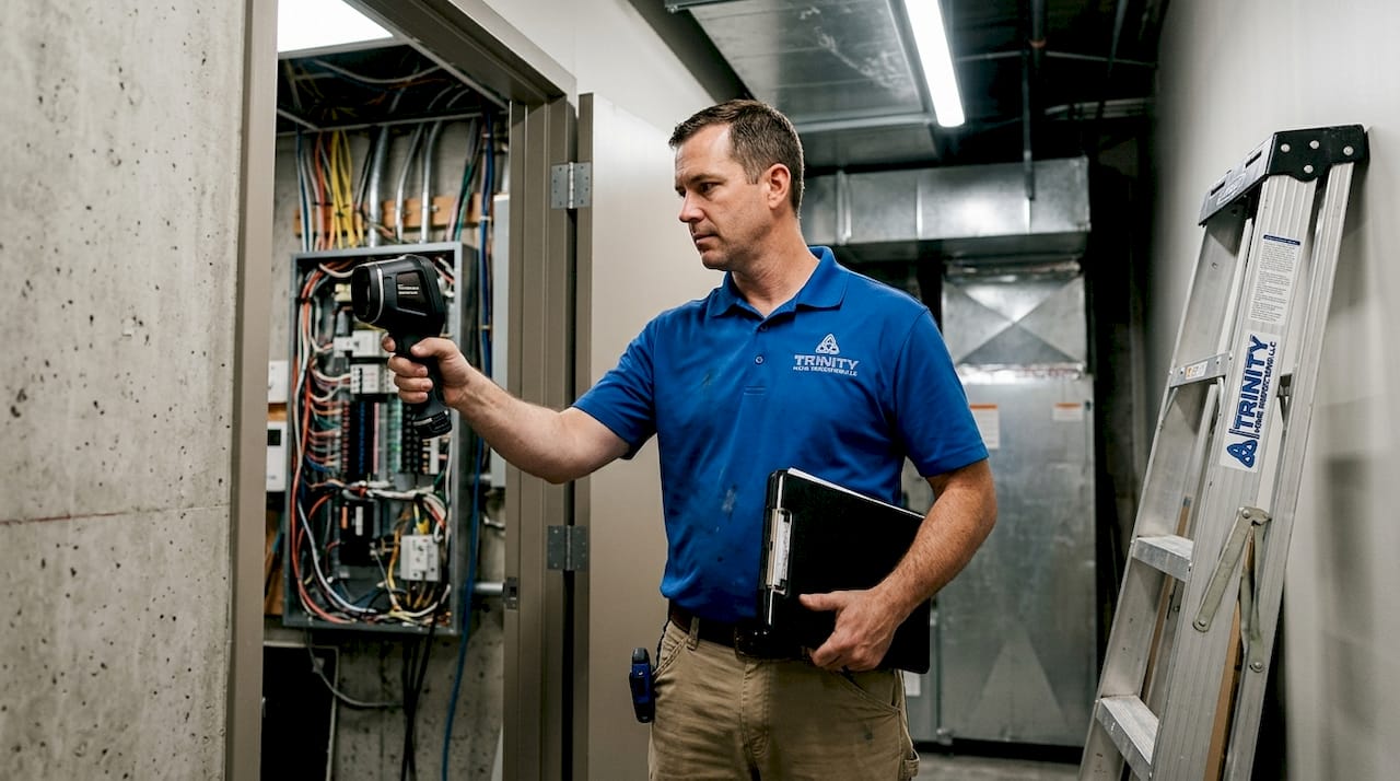 Inspector using thermal camera on building wall