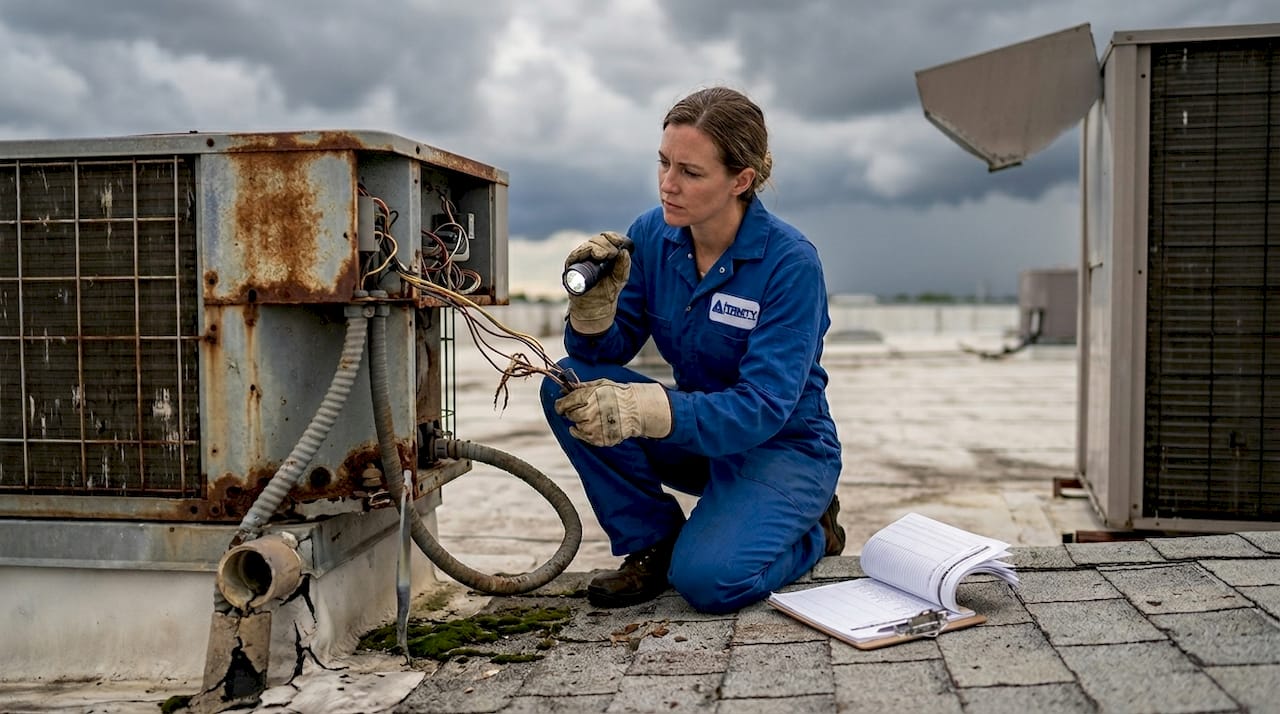 Inspector examines Gulf Coast rooftop HVAC damage