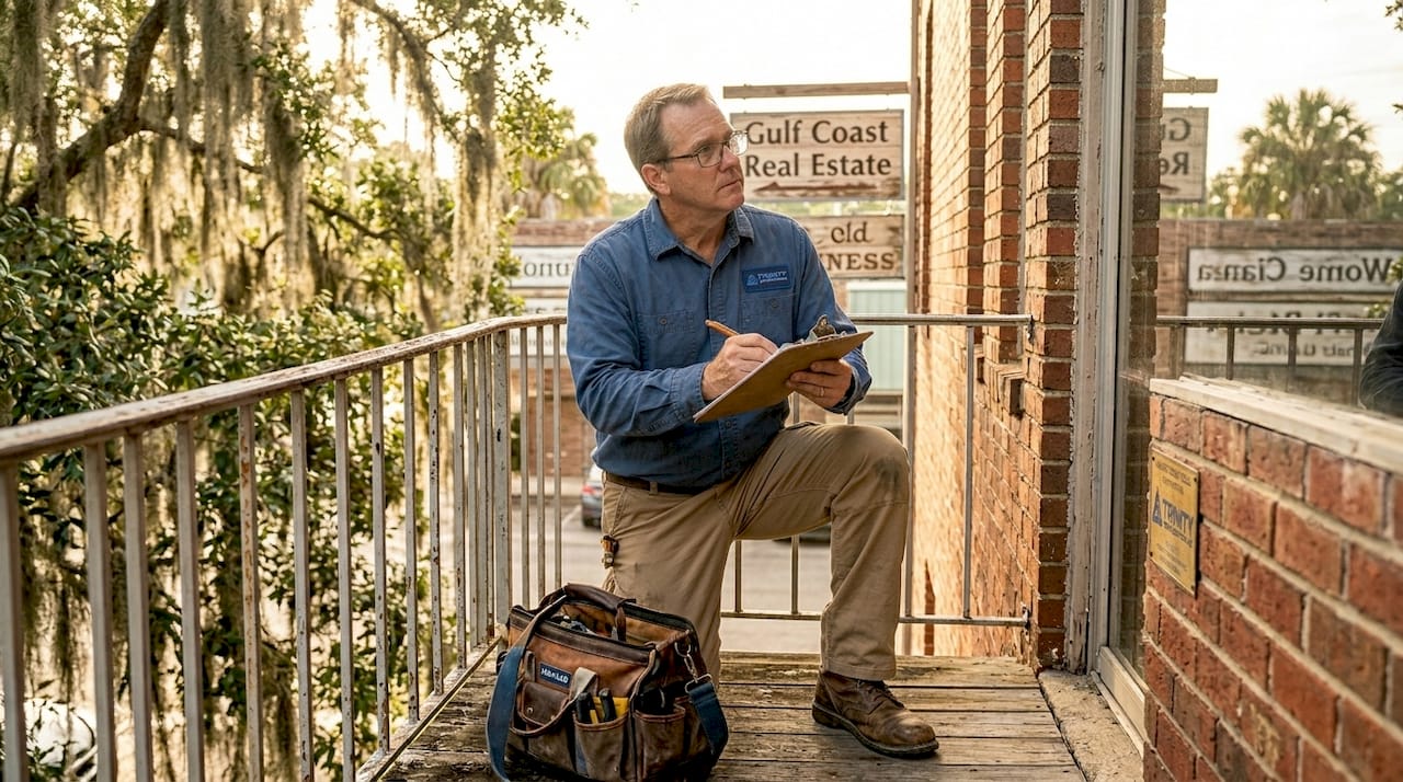 Inspector checking brick office exterior Gulf Coast