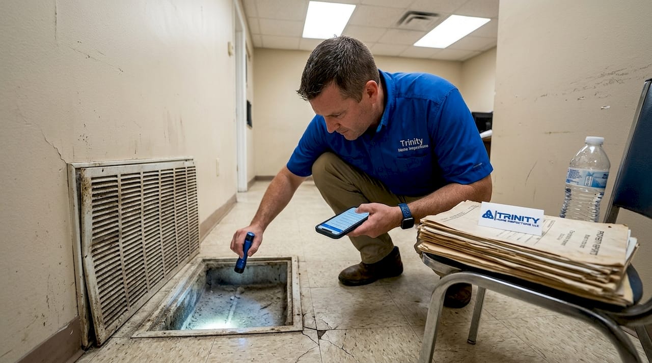Inspector examining vent for hidden defects
