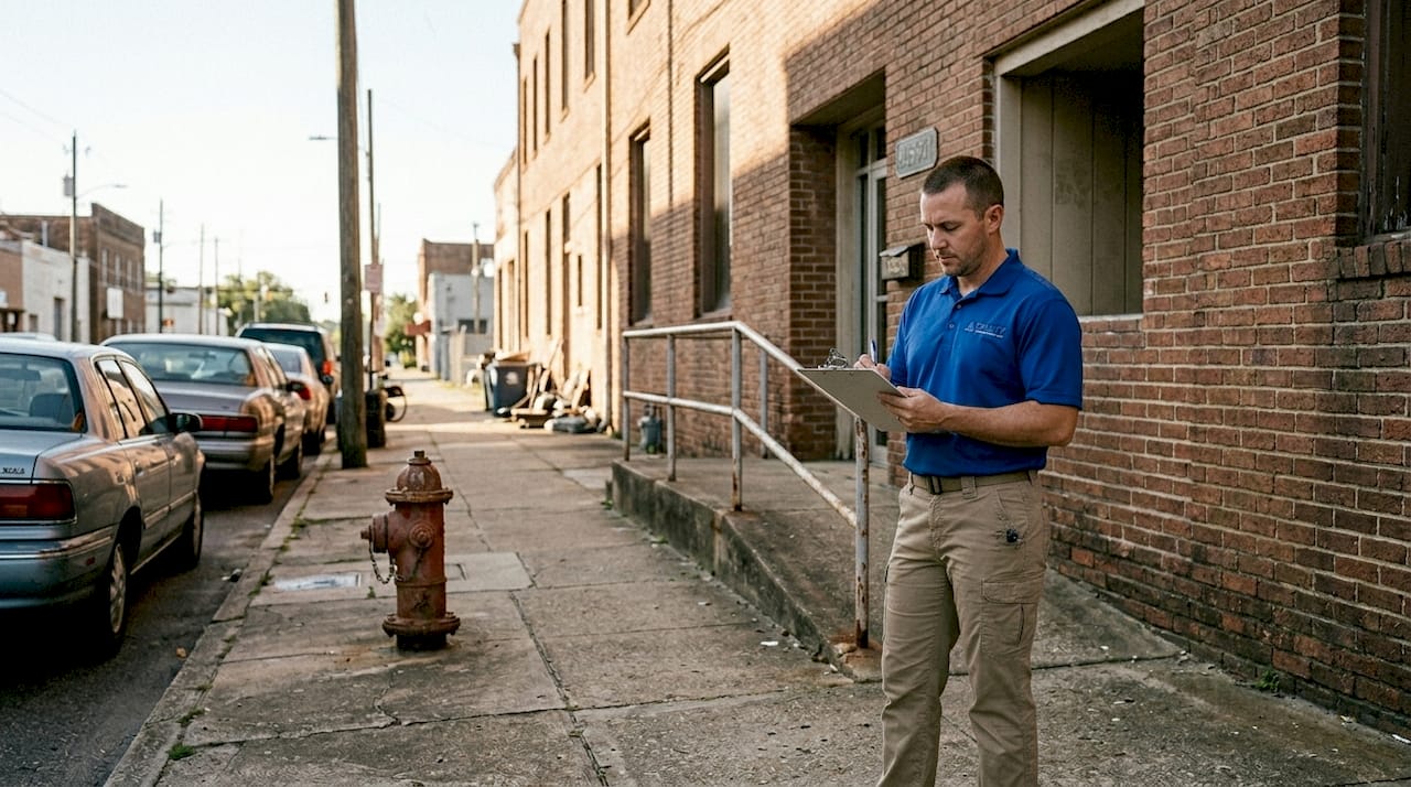 Inspector surveying commercial building exterior Mobile AL