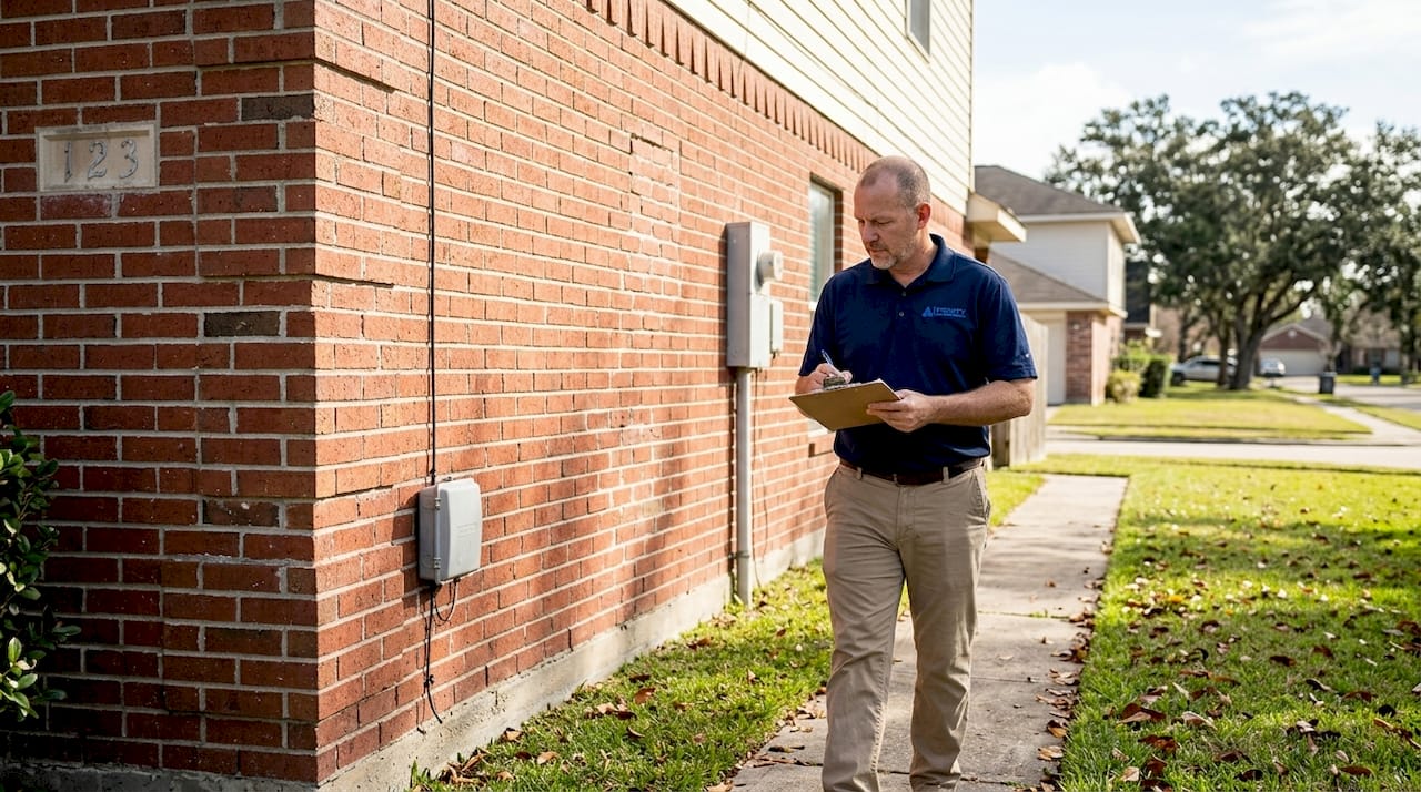Inspector walking along building exterior with clipboard