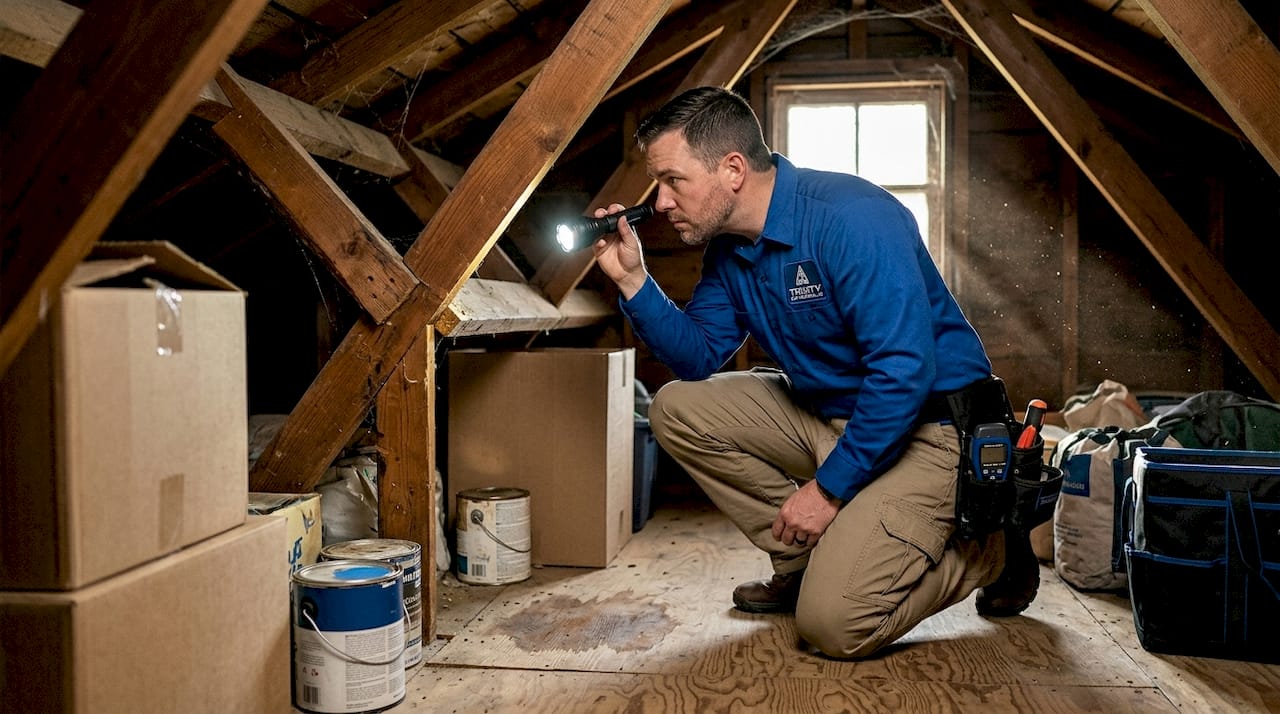 Home inspector checking attic beams for issues