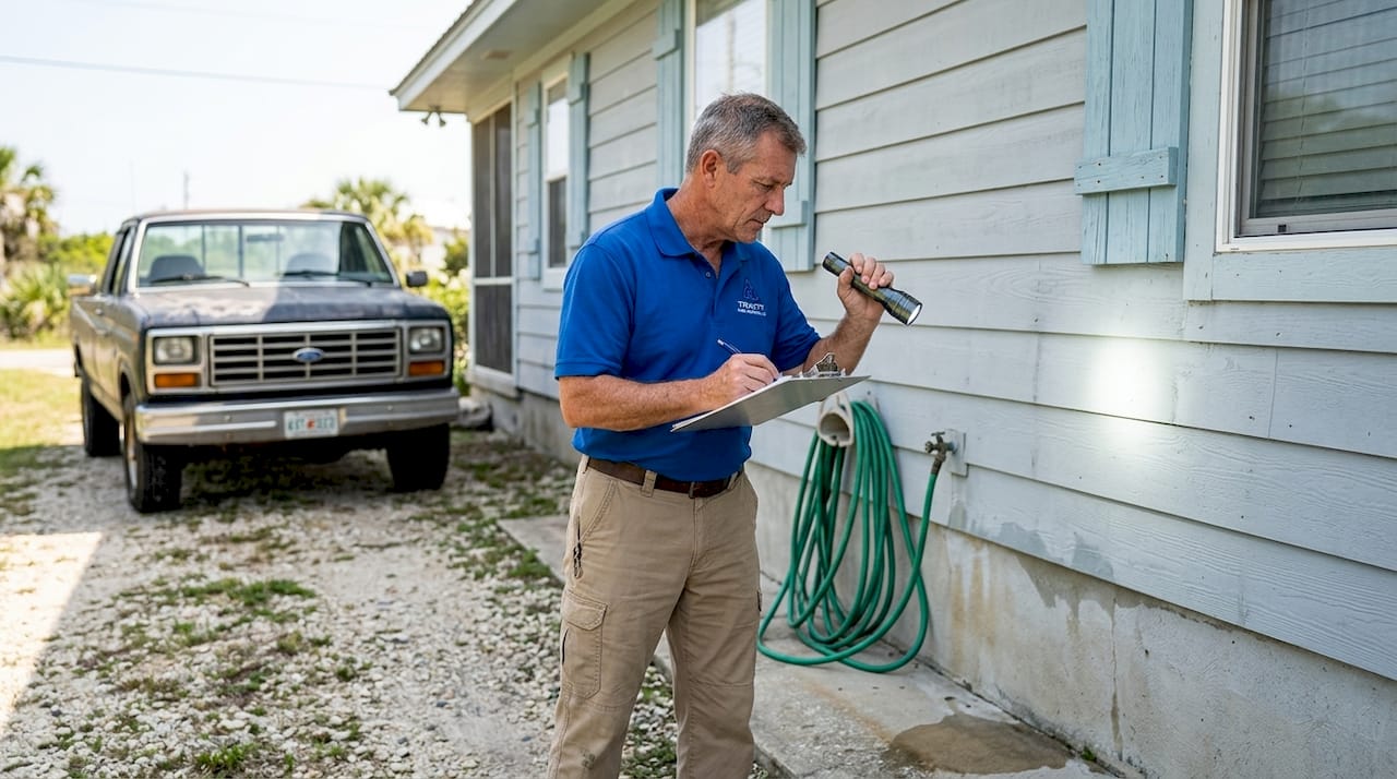 Inspector reviewing coastal Alabama house exterior