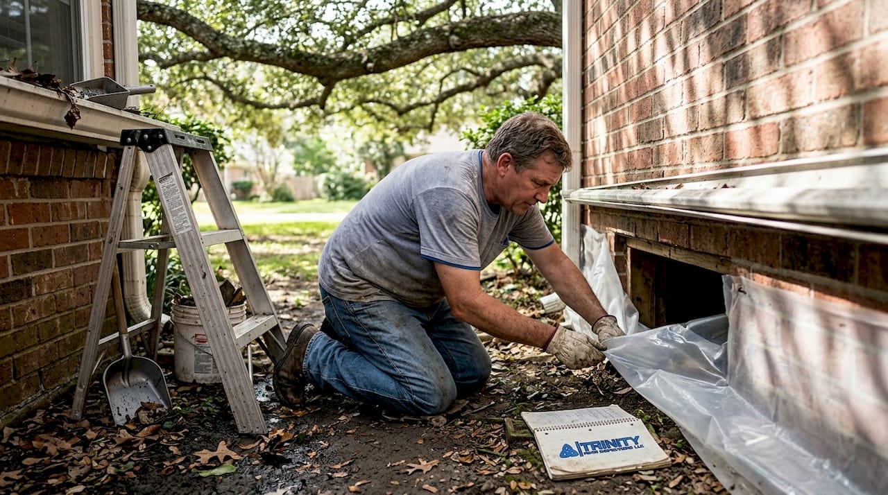 Homeowner maintaining gutter and crawlspace