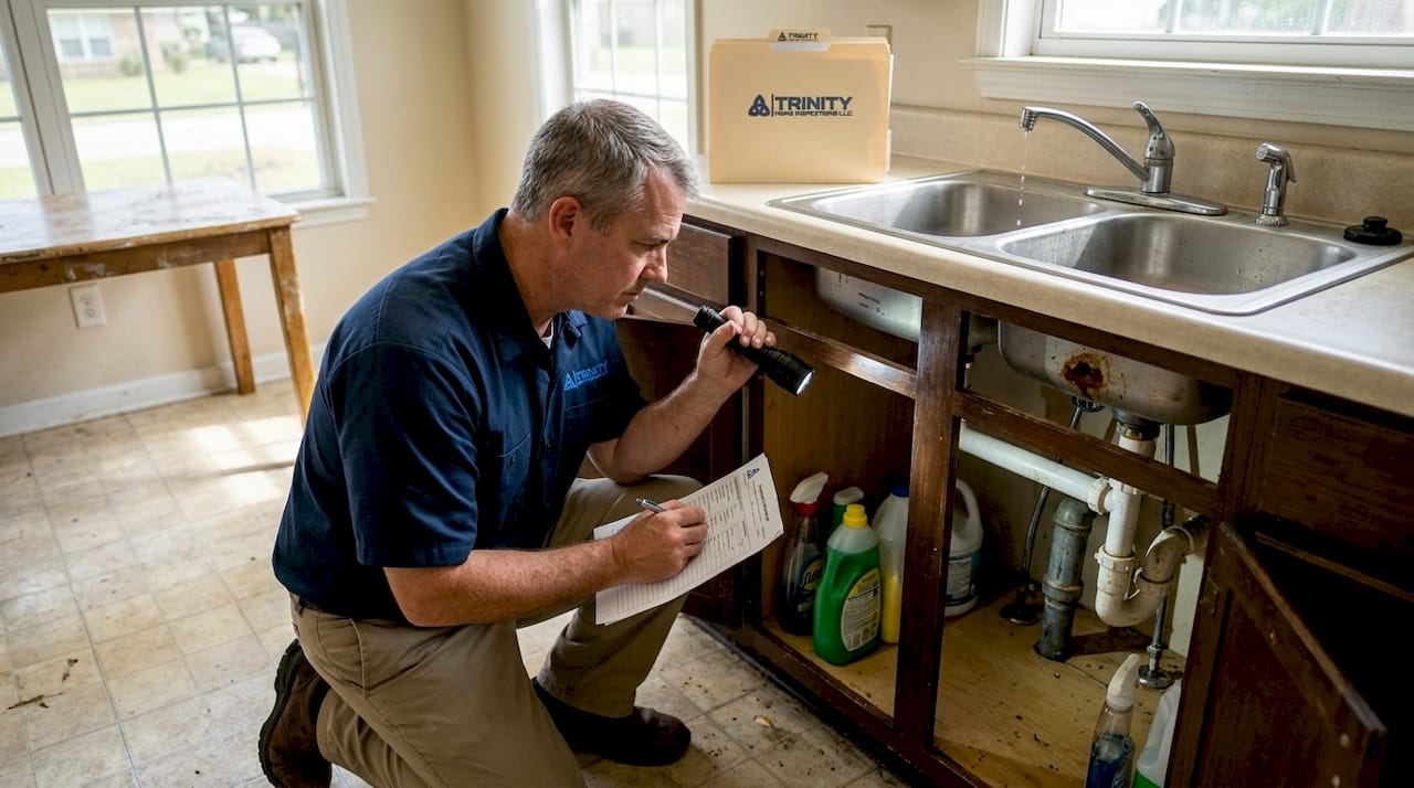 Inspector checks plumbing under kitchen sink