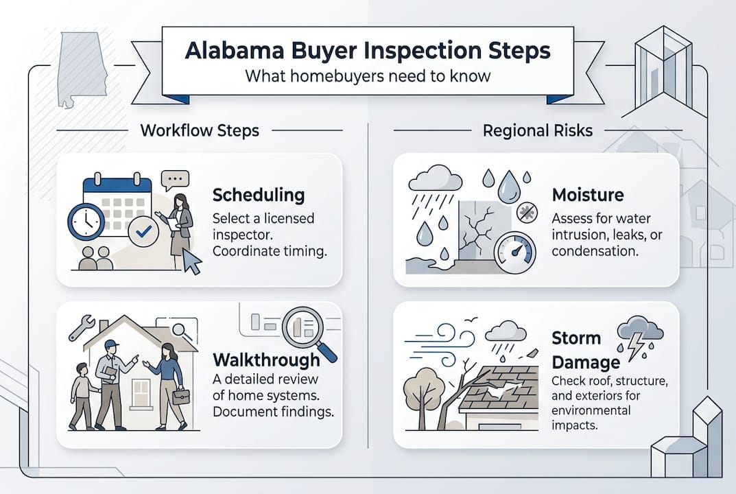 Infographic showing Alabama buyer inspection steps and risks