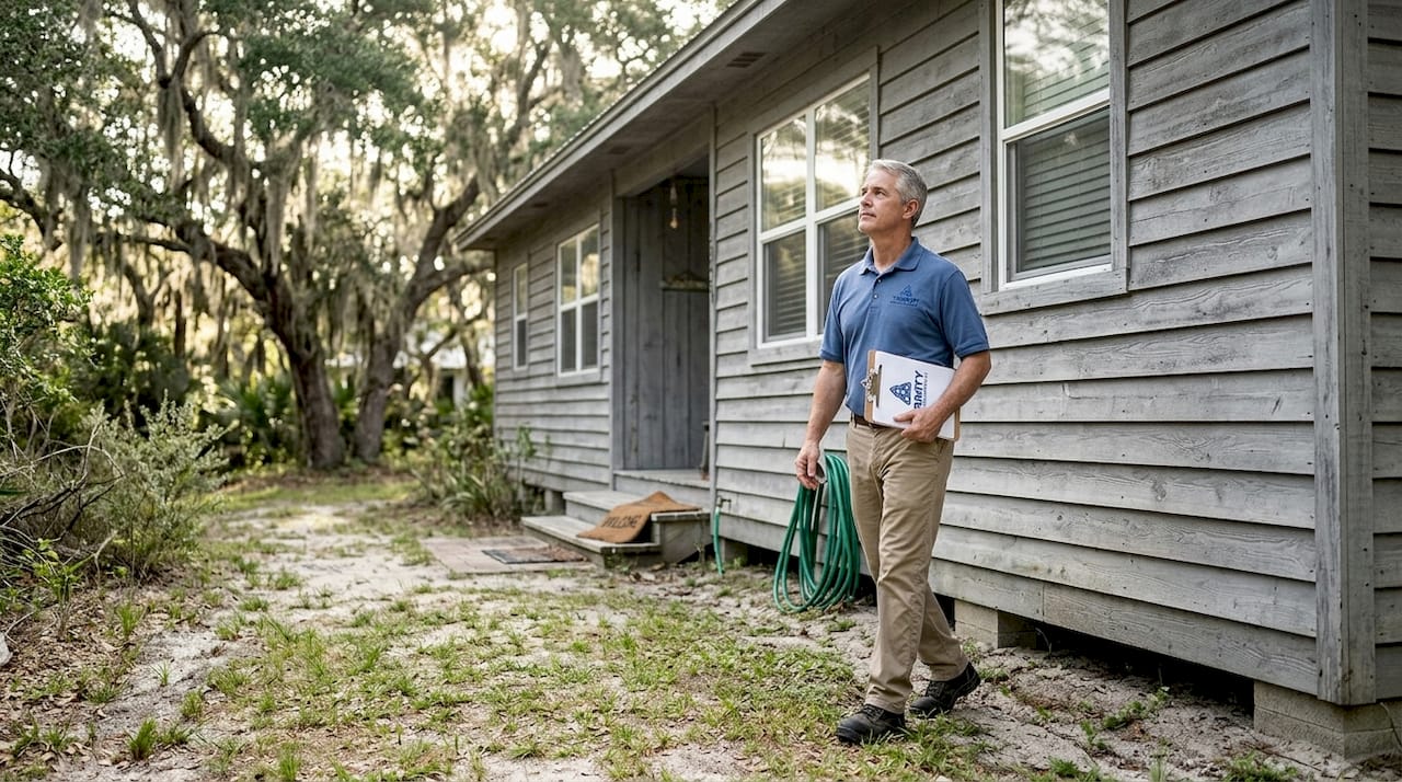 Home inspector checking Gulf Coast house exterior