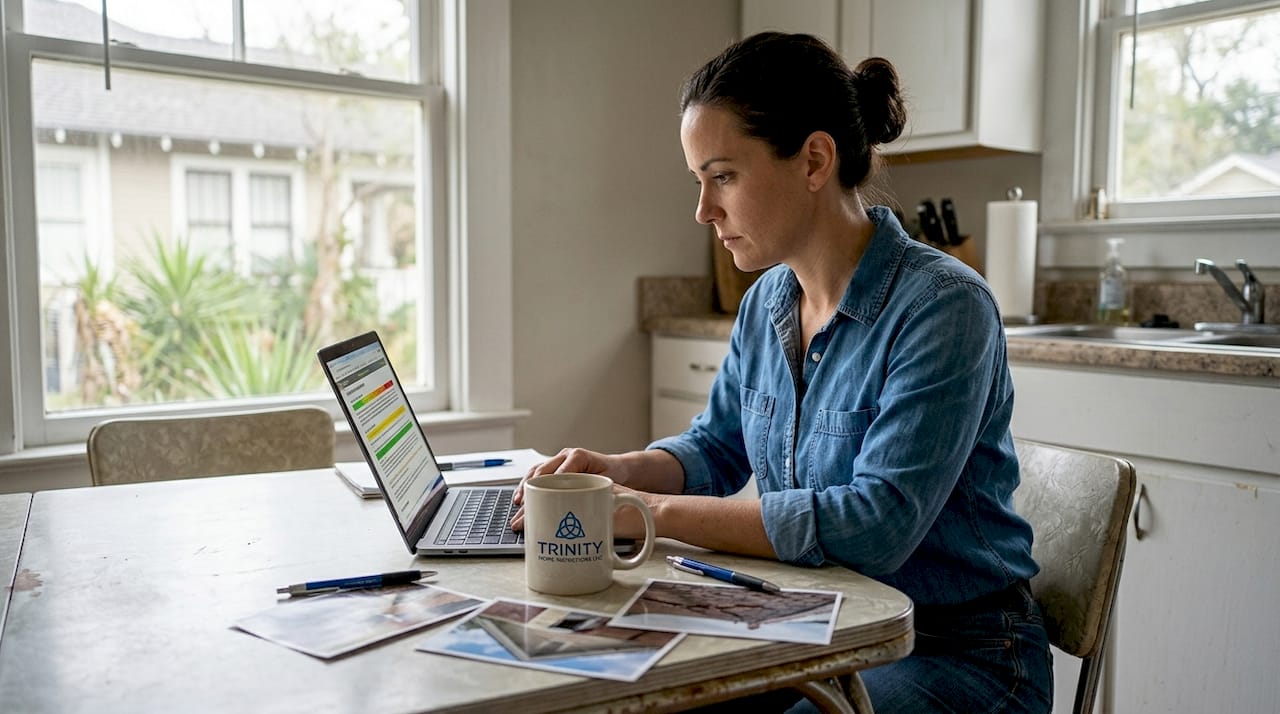 Inspector reviewing home inspection report at kitchen table