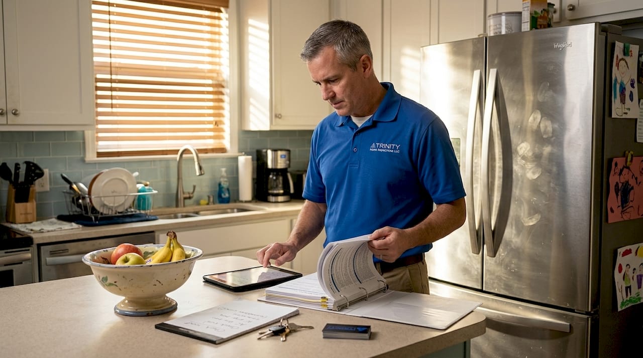 Home inspector reviewing paperwork in Gulf Coast kitchen