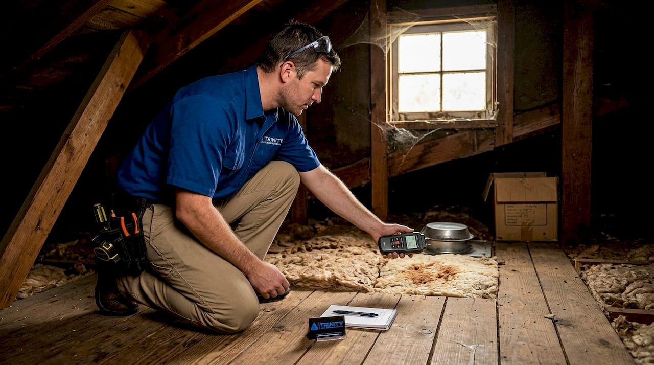 Inspector checks attic insulation for moisture