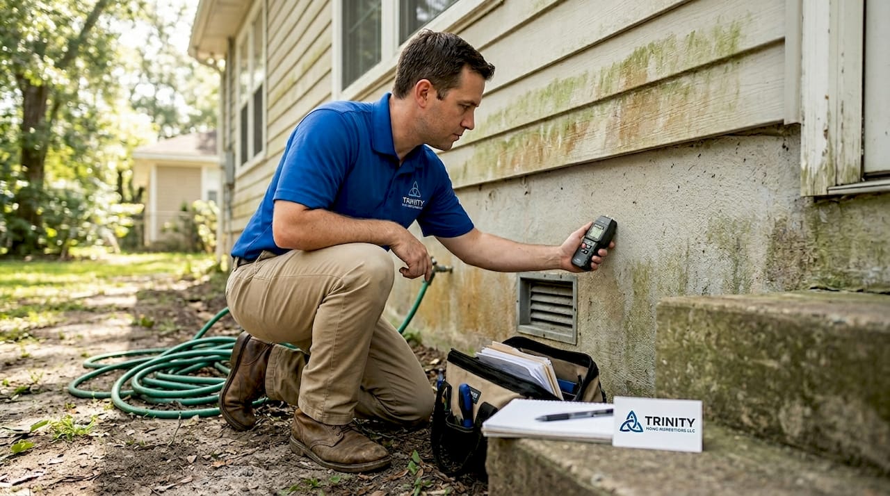Inspector checking Gulf Coast home crawlspace