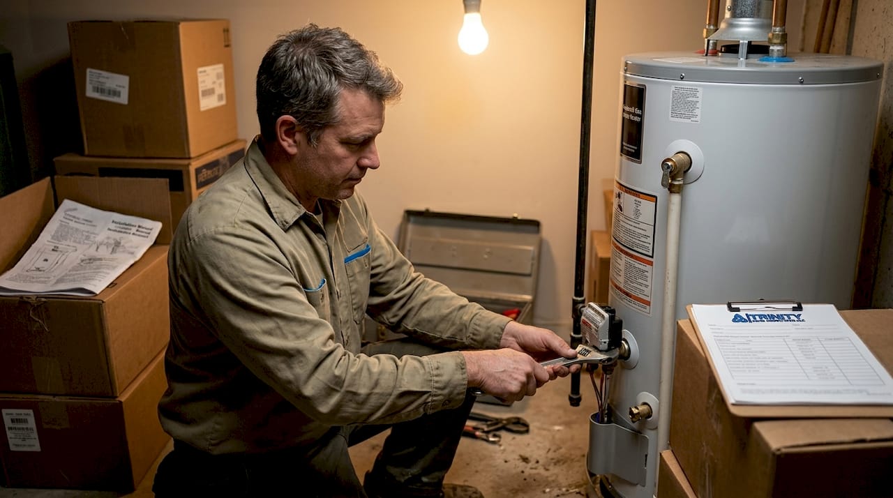 Plumber installs drip leg on water heater