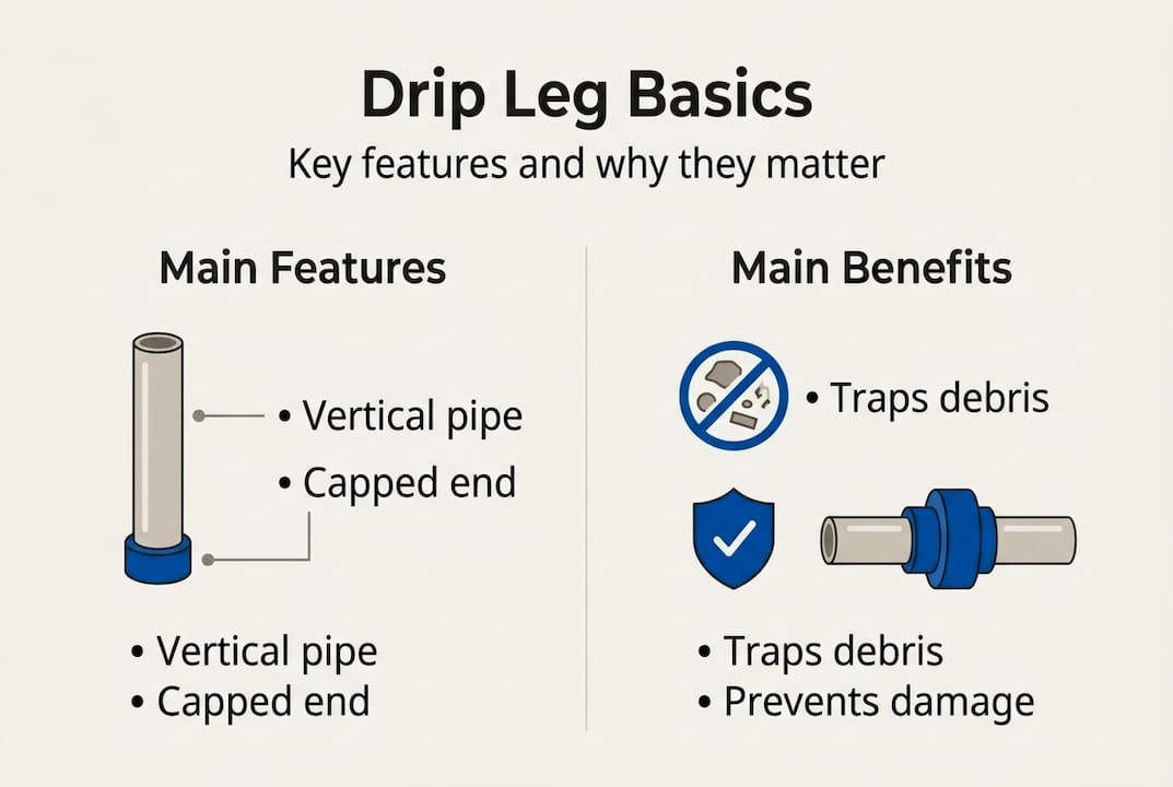 Infographic outlining drip leg features and benefits