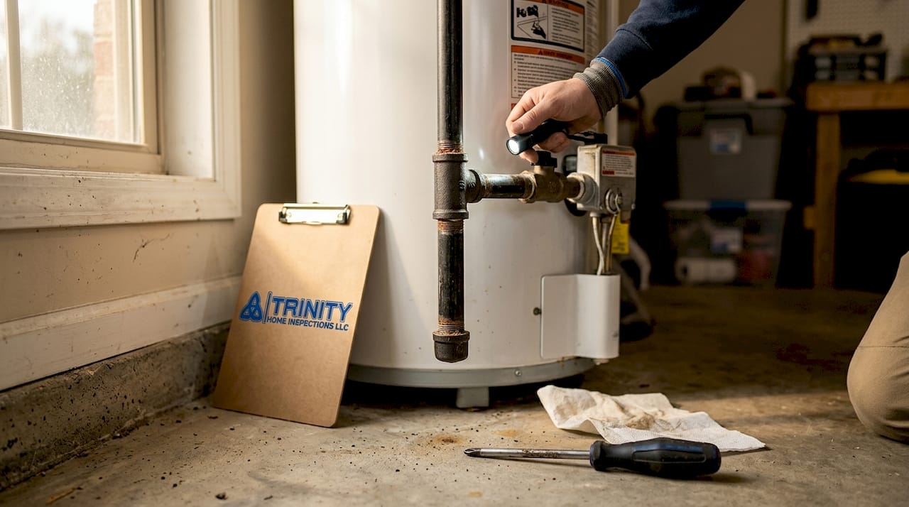 Close-up of drip leg with debris buildup