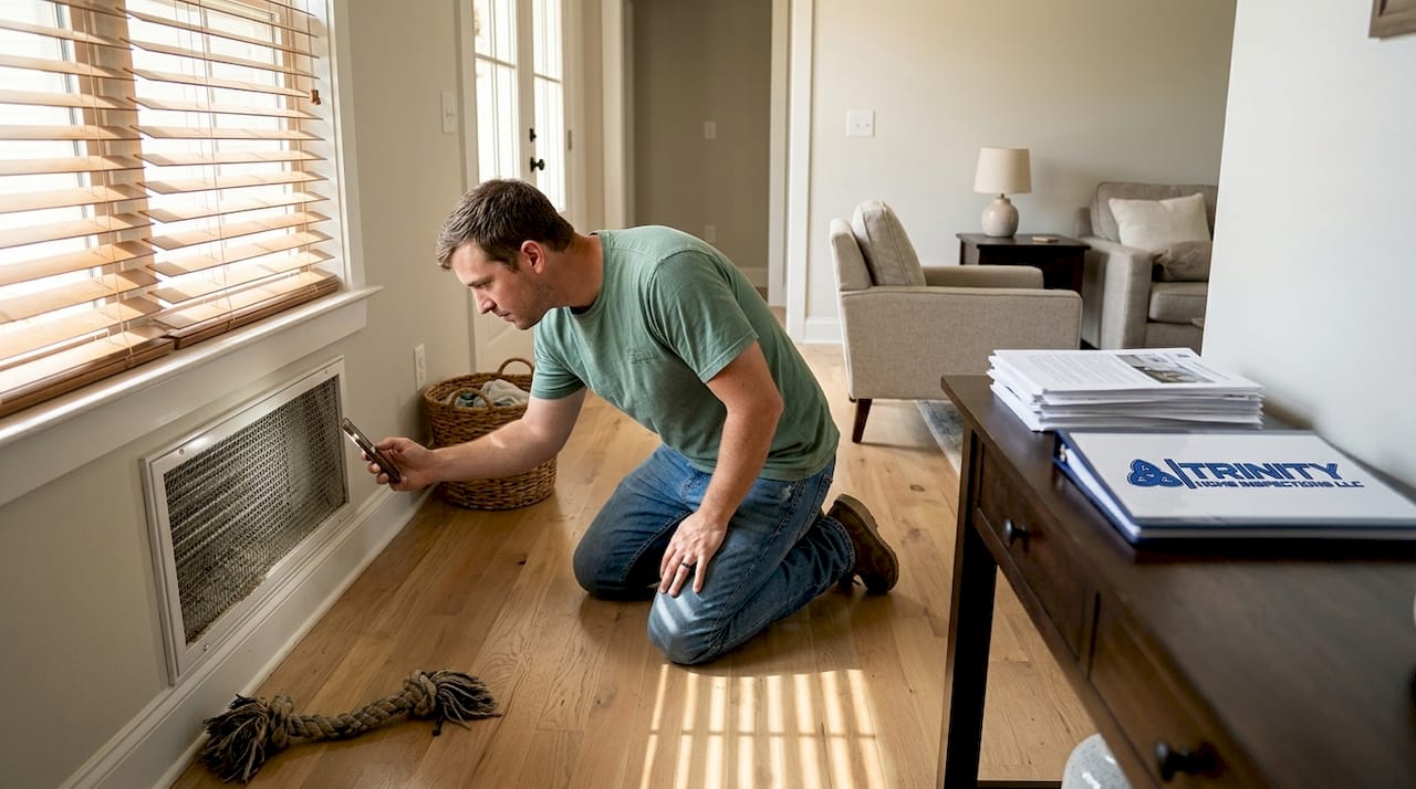 Homeowner checks HVAC vent in living room