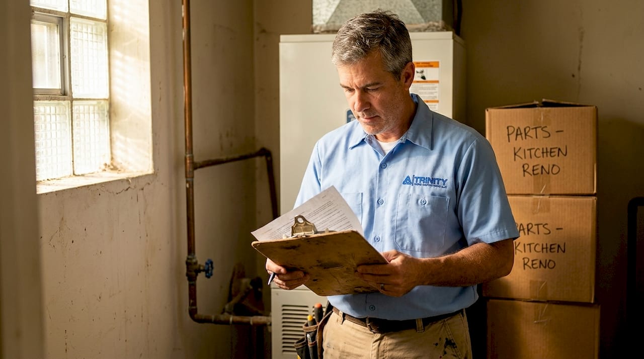 HVAC inspector checks code documents in home