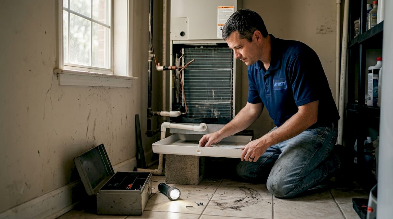 Technician inspecting HVAC drip pan panel