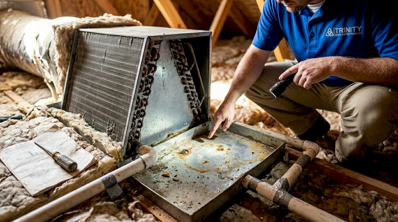Primary drain pan under HVAC coil attic