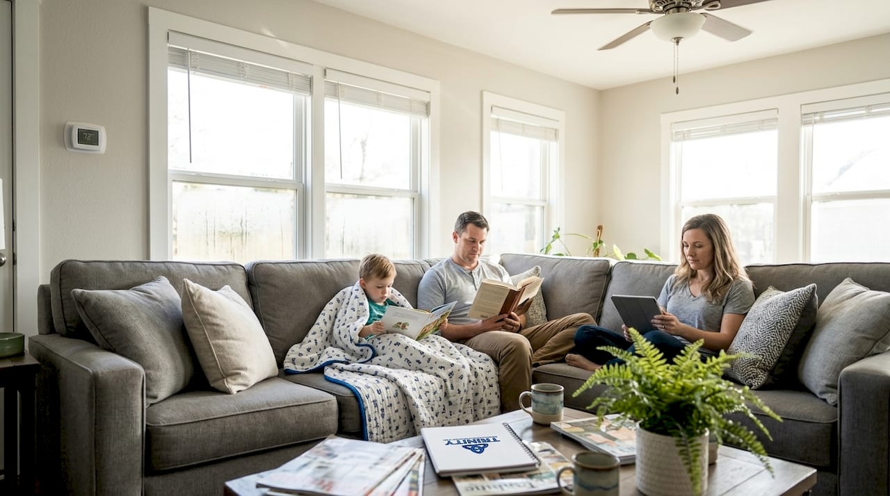 Family relaxes in cool comfortable living room