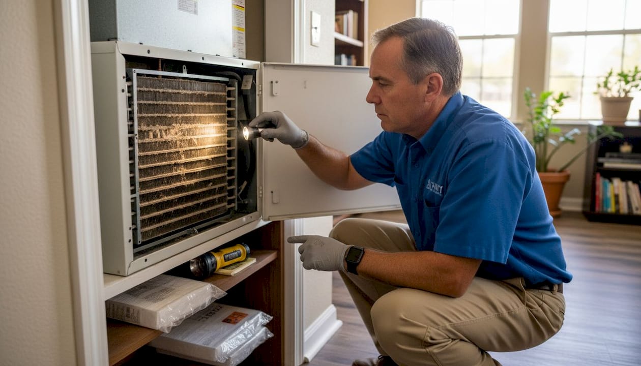Man inspects AC evaporator coils at home
