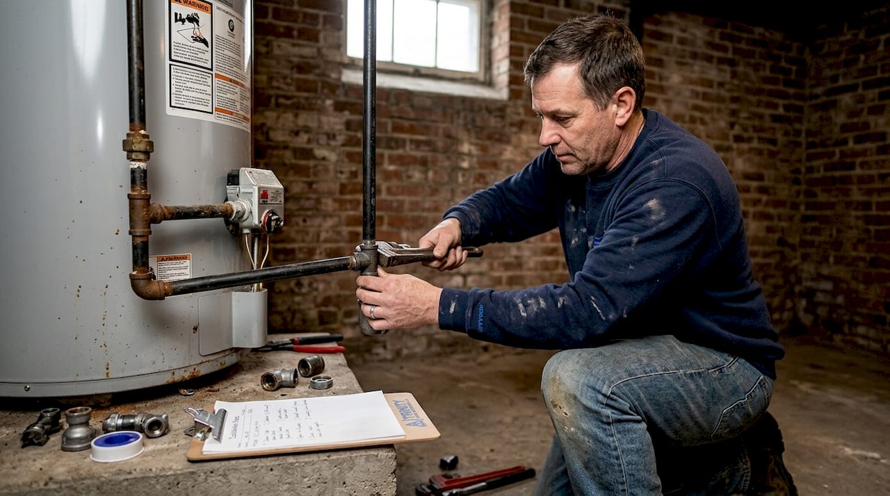 Plumber installing sediment trap on gas pipe