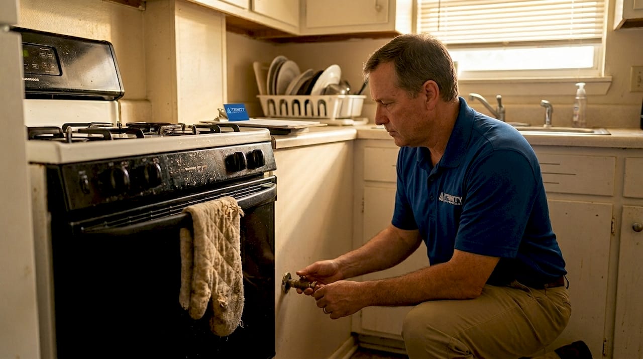 Inspector checking gas stove shutoff valve