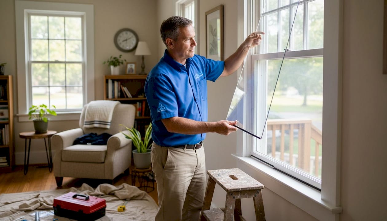 Installer adding secondary glazing to single-pane window