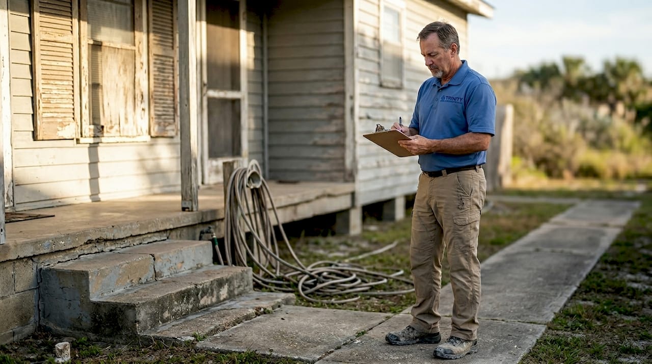 Gulf Coast home inspector reviewing house exterior