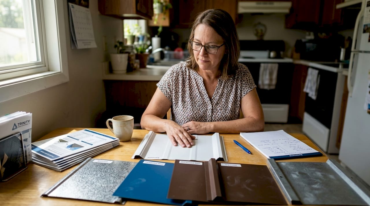 Homeowner comparing metal roofing material samples