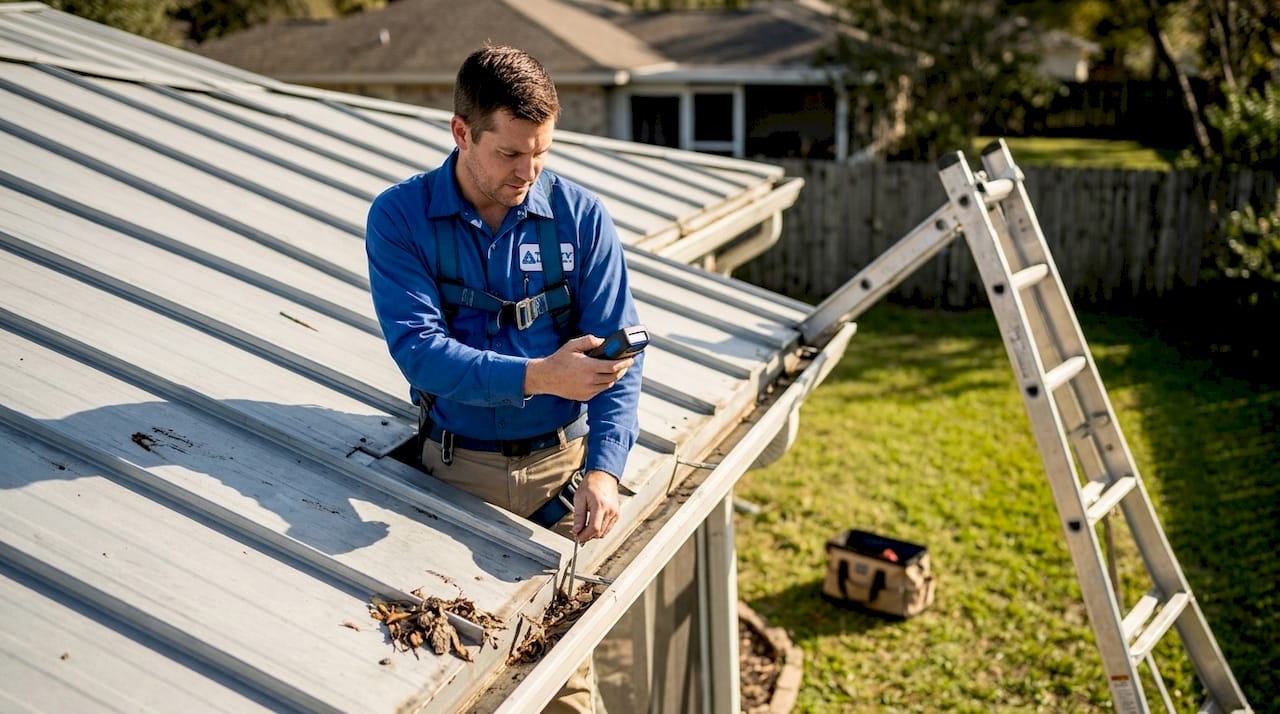 Man in a blue uniform examines a roof gutter, using a tool. He's standing on a metal roof beside a ladder. Sunny, with greenery in the background.