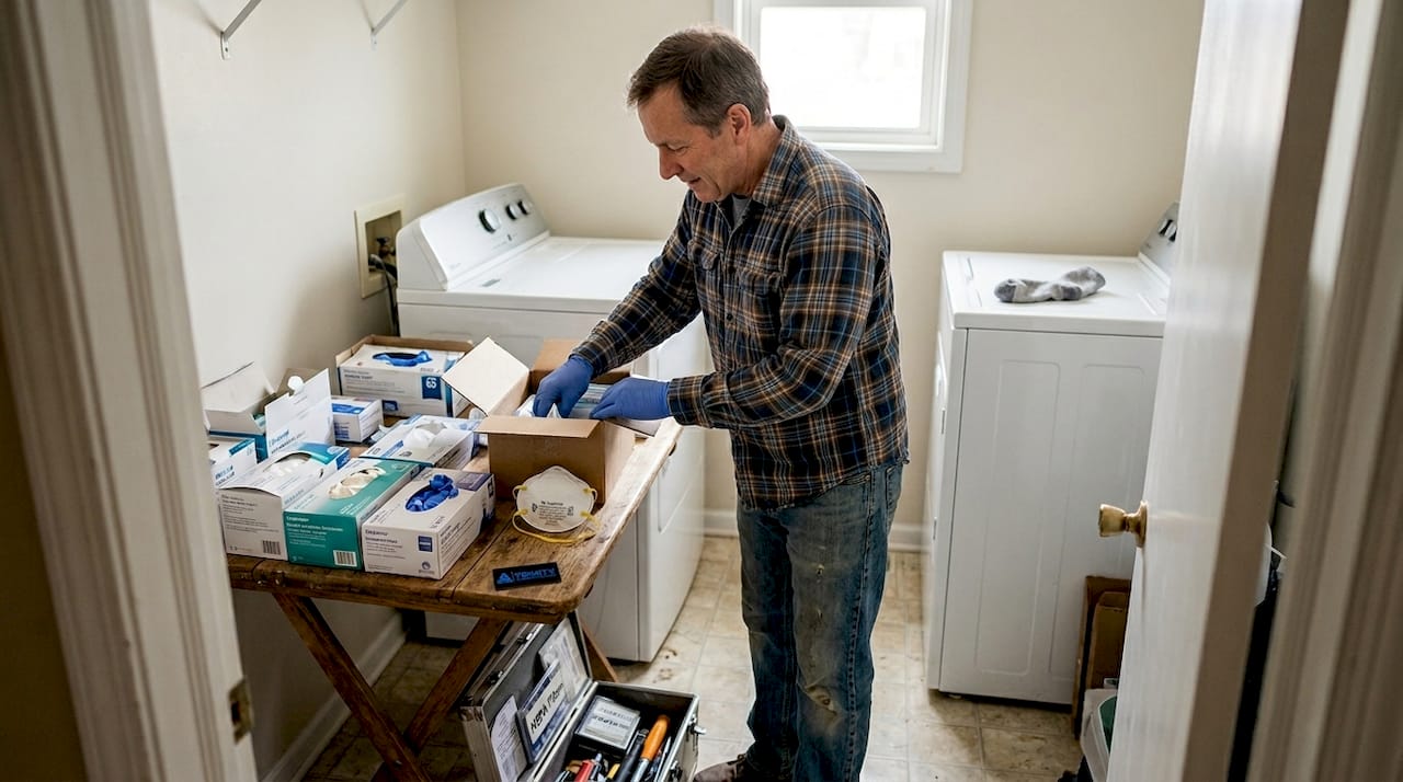 Homeowner gathers mold removal safety gear