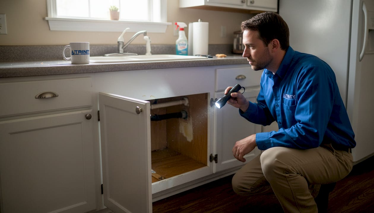 Checking under-sink cabinet for mold stains