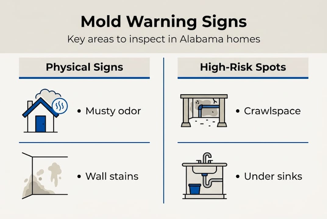 Infographic showing mold warning signs and locations