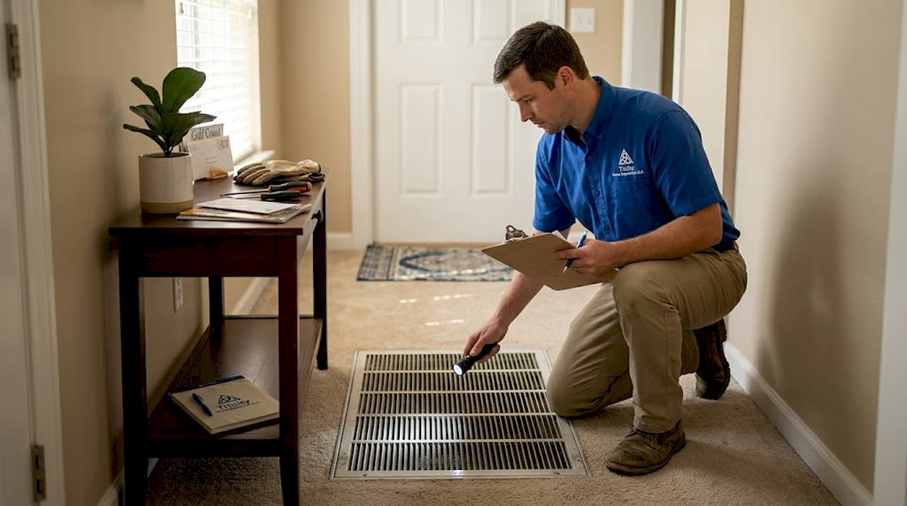 Technician inspecting return air grille in home