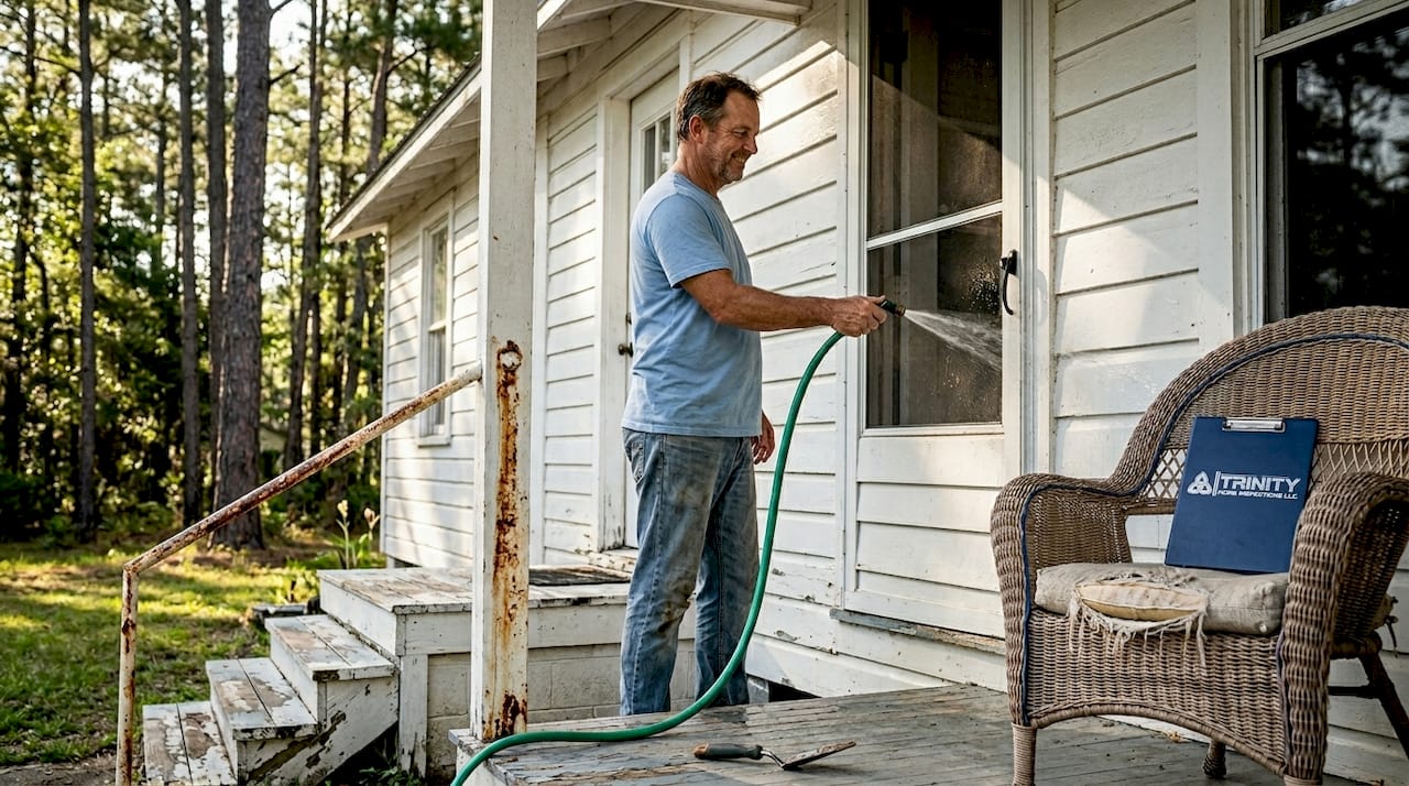 Homeowner rinsing Gulf Coast house siding
