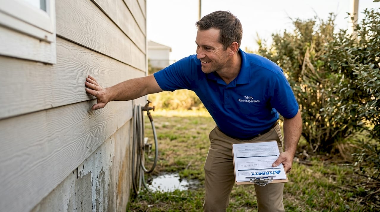 Woman inspecting home siding for damage