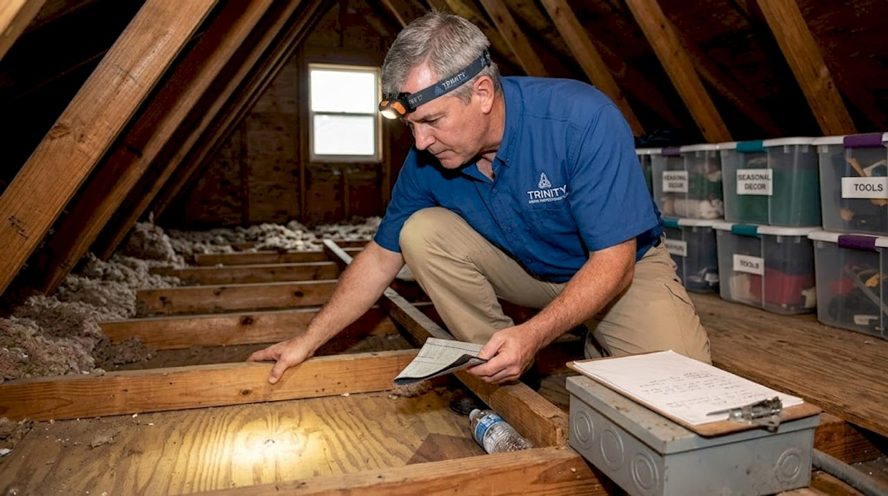 Inspector checks attic for FORTIFIED upgrades