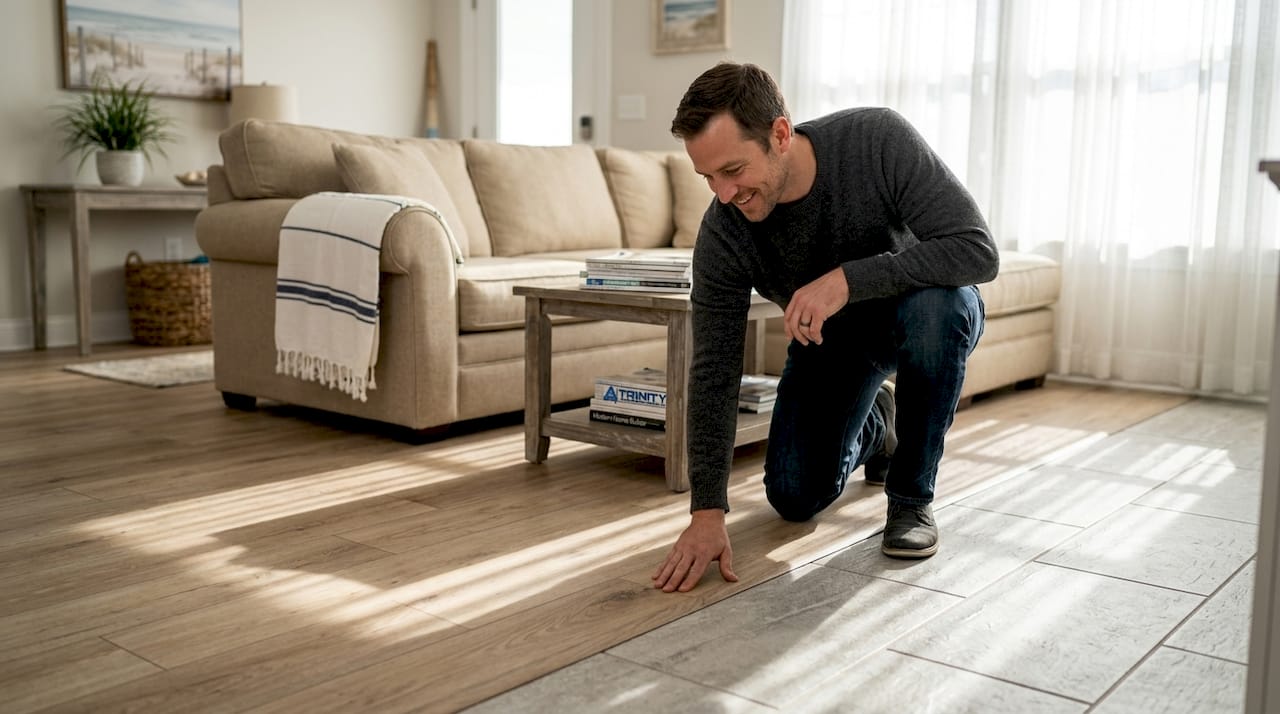 Homeowner comparing LVP and tile floors