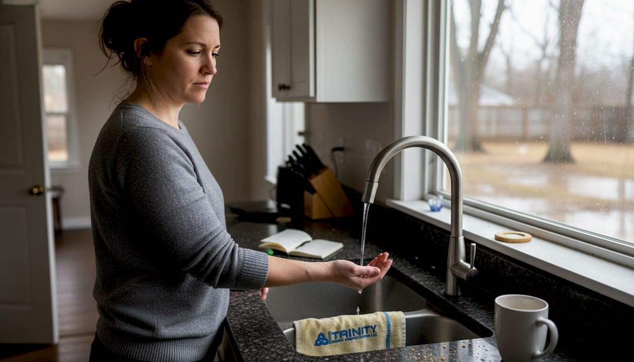 Woman noticing weak water flow at kitchen sink