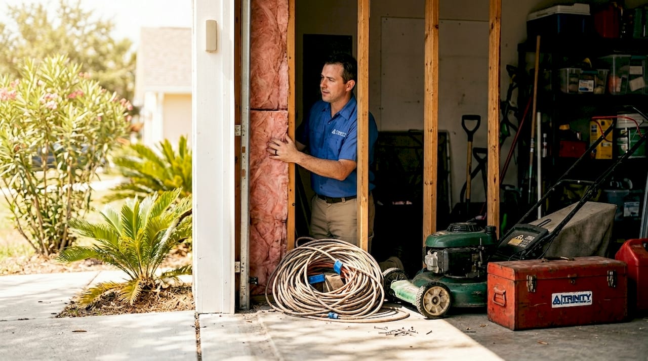 Homeowner checking garage wall insulation in sunlight