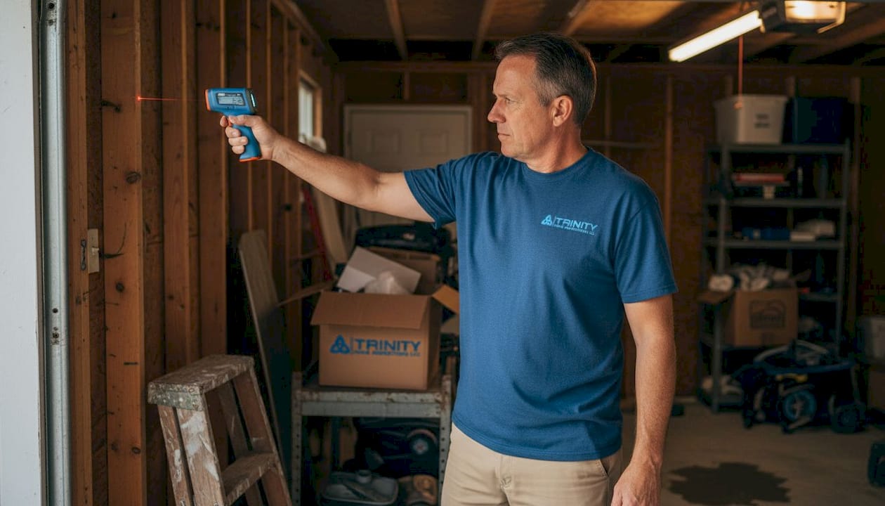 Man measuring garage wall temperature humidity
