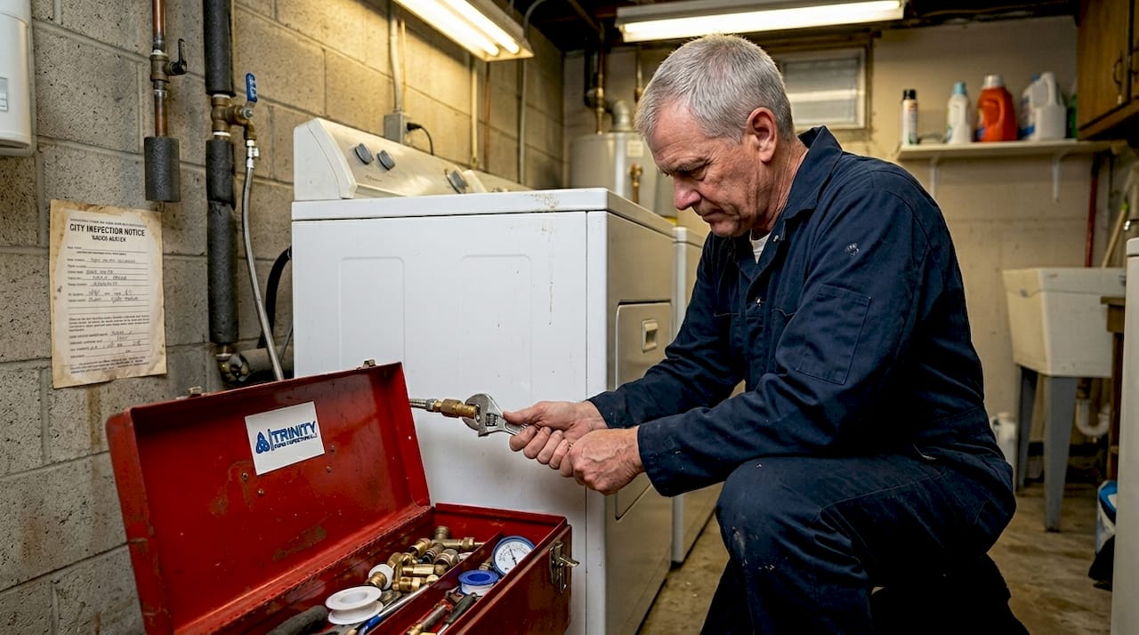 Plumber installing gas line for dryer