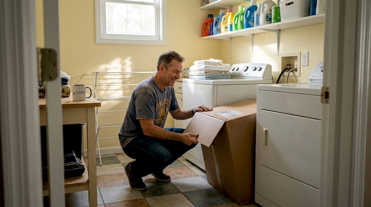 Homeowner unpacking new gas dryer