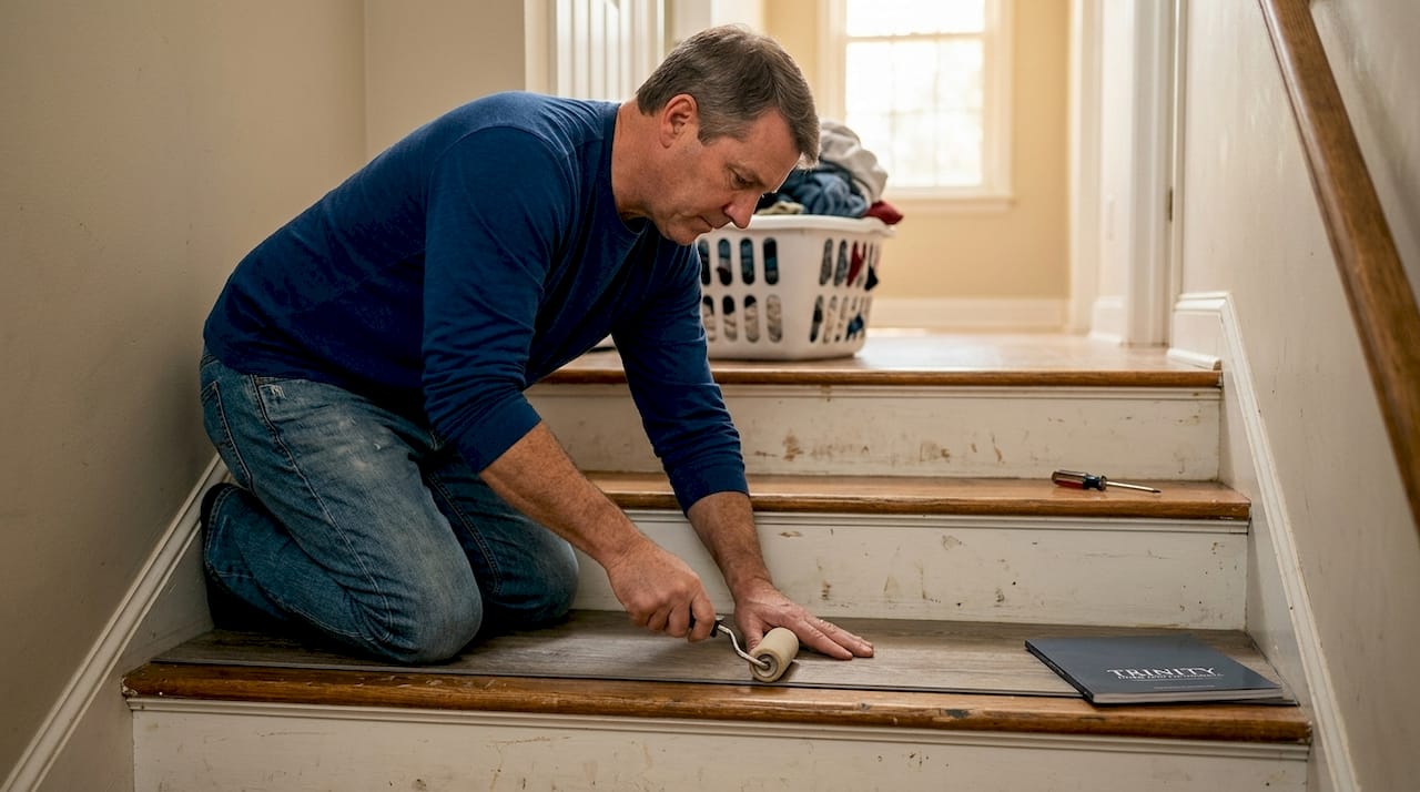 Homeowner installing LVP plank on house stairs