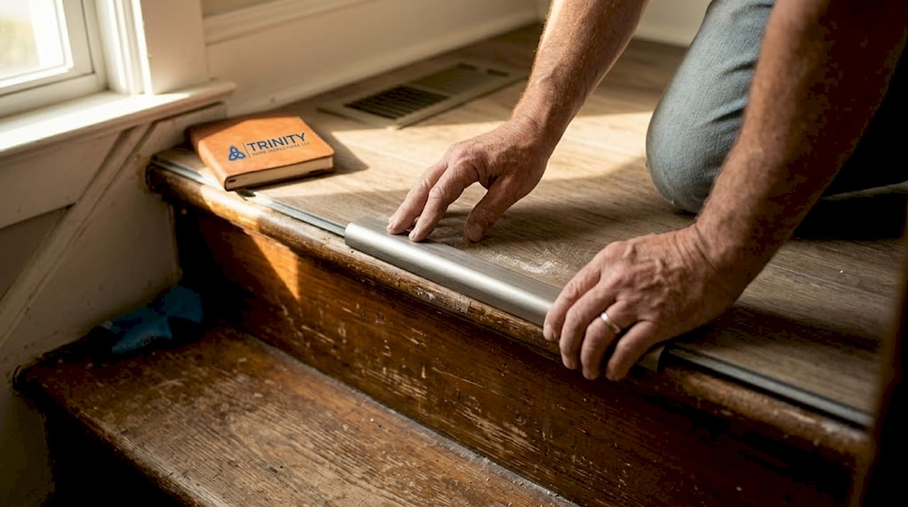 Hands fitting nosing trim on LVP stair