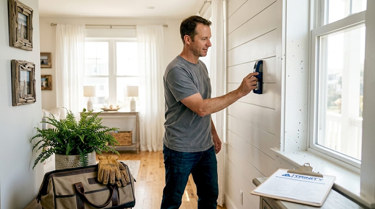 Homeowner inspecting shiplap accent wall